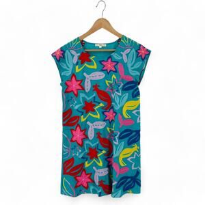 Andree' By Unit Embroidered Floral Shift Dress Blue Cotton Linen Blend Size S